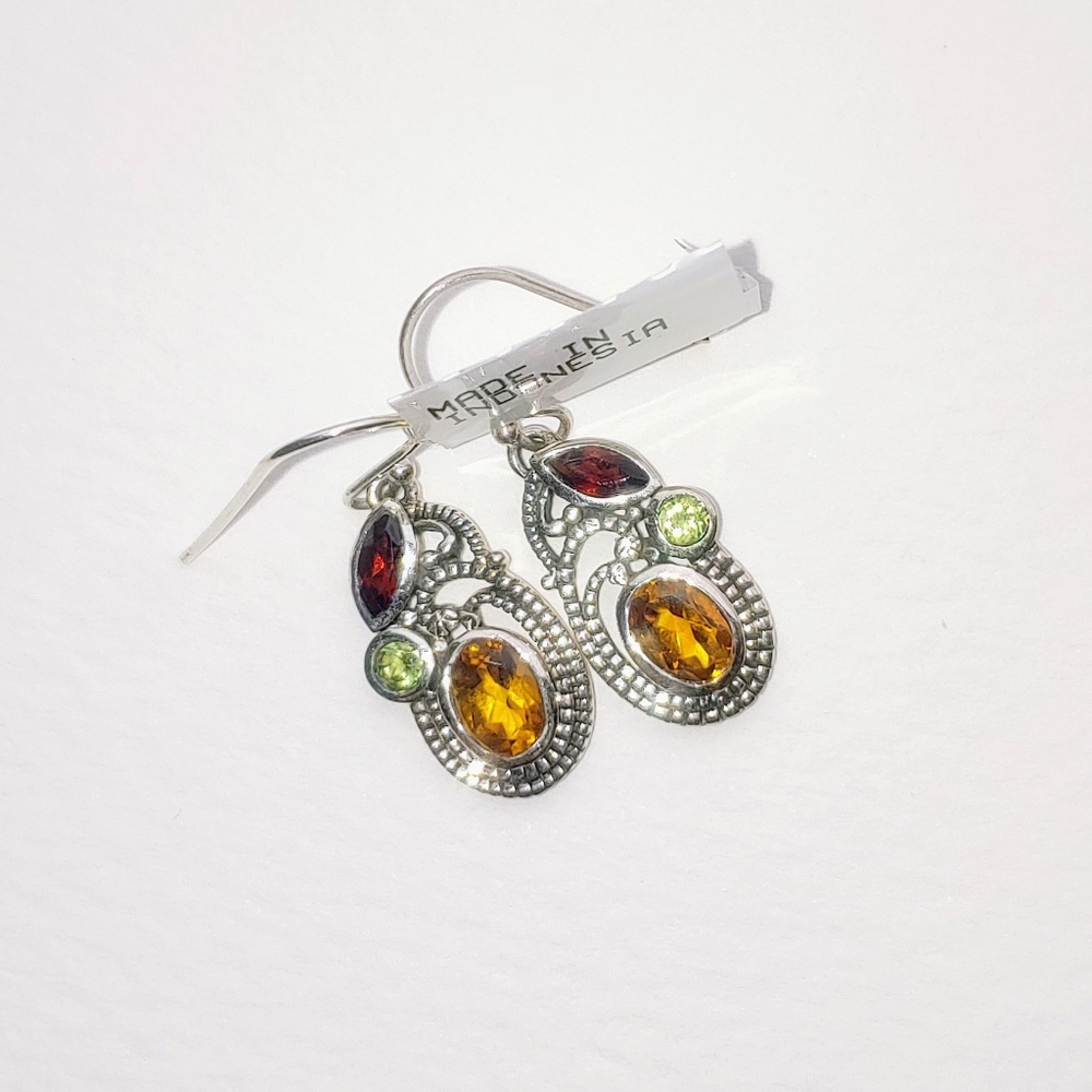 Sterling Silver Dangle Earrings with Citrine, Garnet, and Peridot